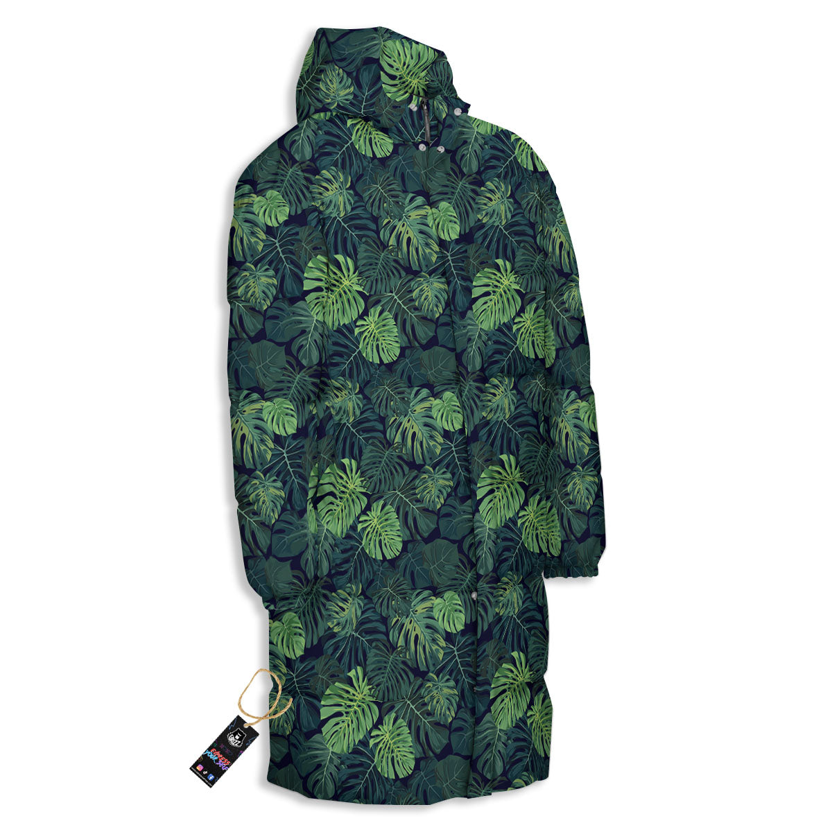 Monstera Green Tropical Print Pattern Long Down Jacket-grizzshop