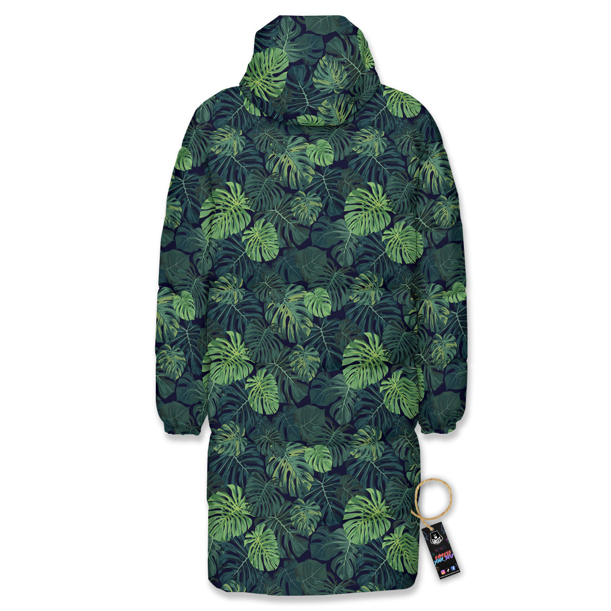 Monstera Green Tropical Print Pattern Long Down Jacket-grizzshop