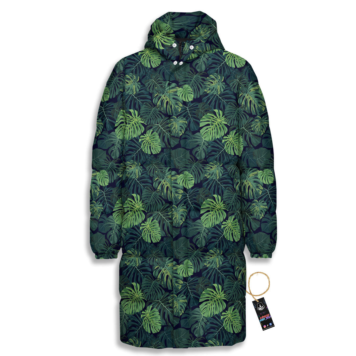 Monstera Green Tropical Print Pattern Long Down Jacket-grizzshop