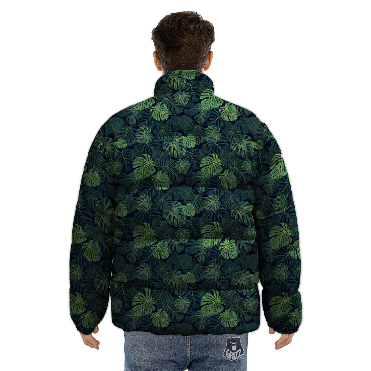 Monstera Green Tropical Print Pattern Puffer Jacket-grizzshop