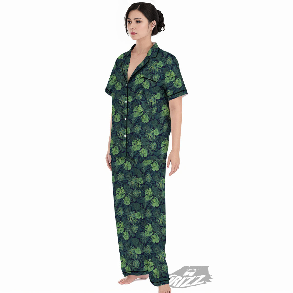 Monstera Green Tropical Print Pattern Women's Pajamas Set-grizzshop