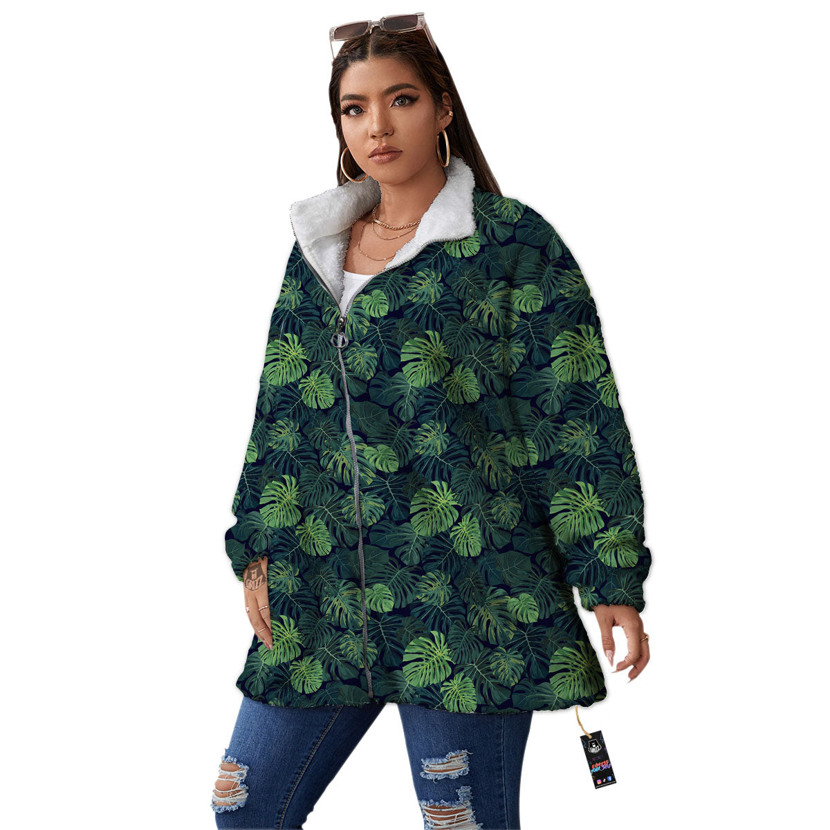 Monstera Green Tropical Print Pattern Women's Sherpa Jacket-grizzshop