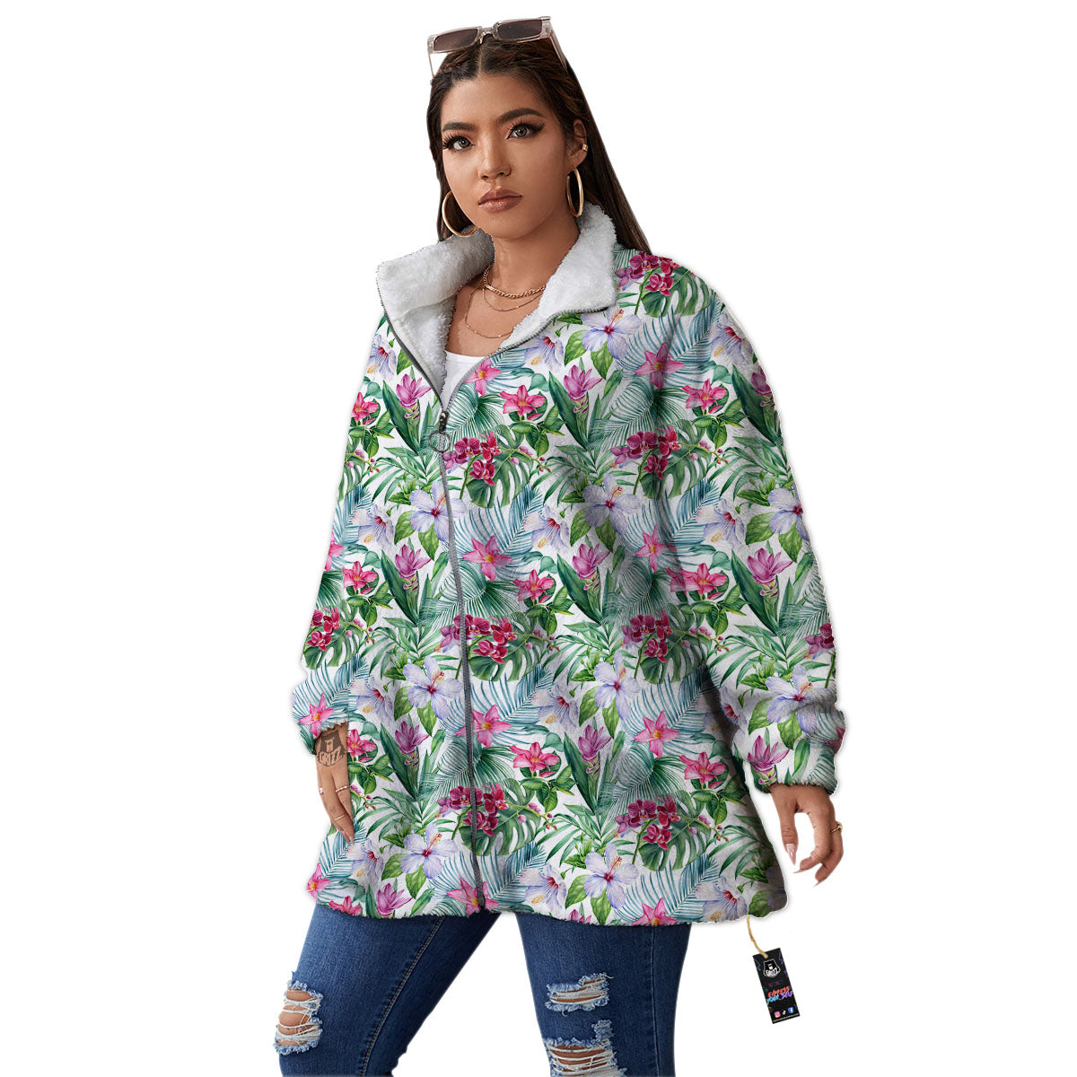 Monstera Hawaii Hibiscus Print Pattern Women's Sherpa Jacket-grizzshop