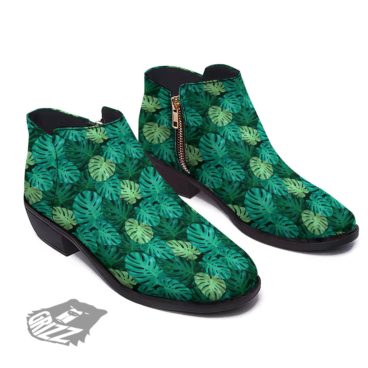 Monstera Leaf Green Print Ankle Boots-grizzshop