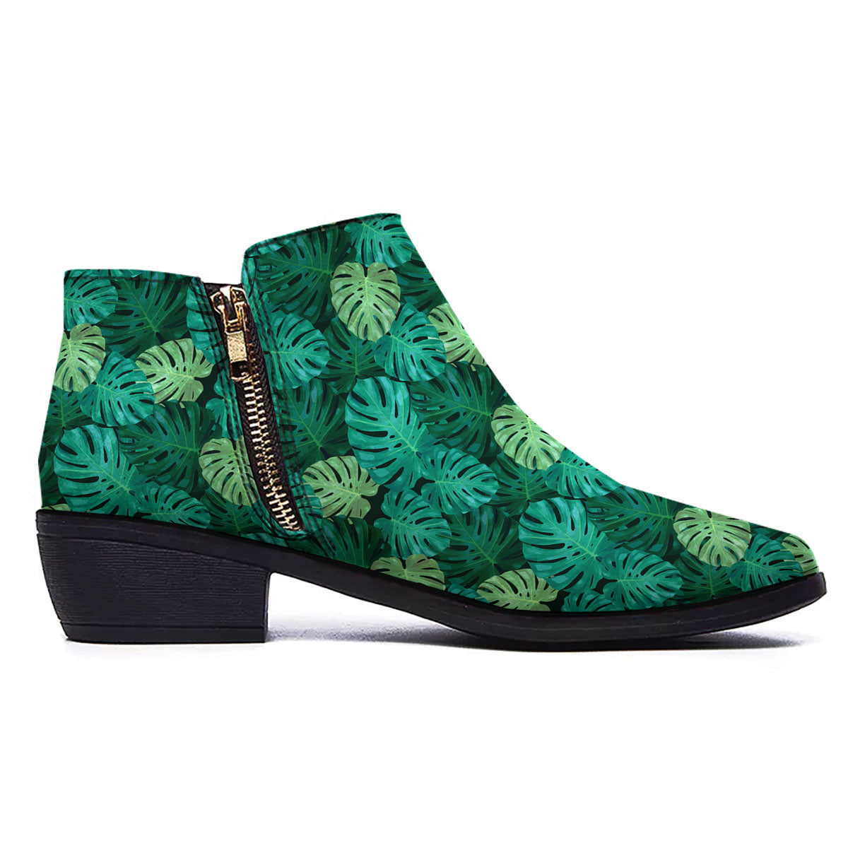 Monstera Leaf Green Print Ankle Boots-grizzshop