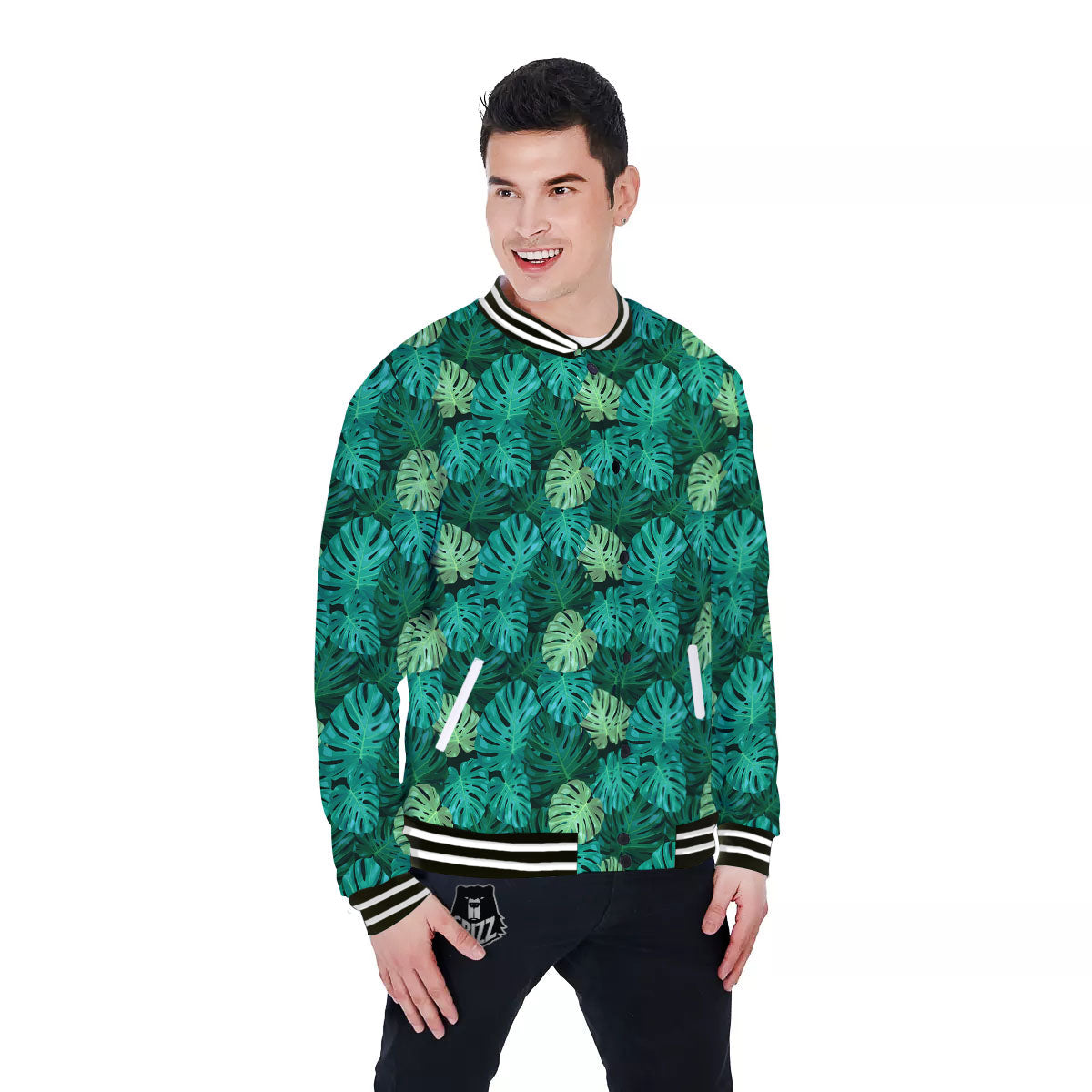 Monstera Leaf Green Print Baseball Jacket-grizzshop