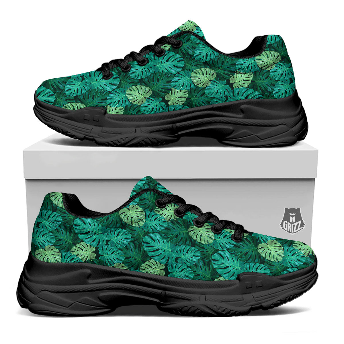 Monstera Leaf Green Print Black Chunky Shoes-grizzshop