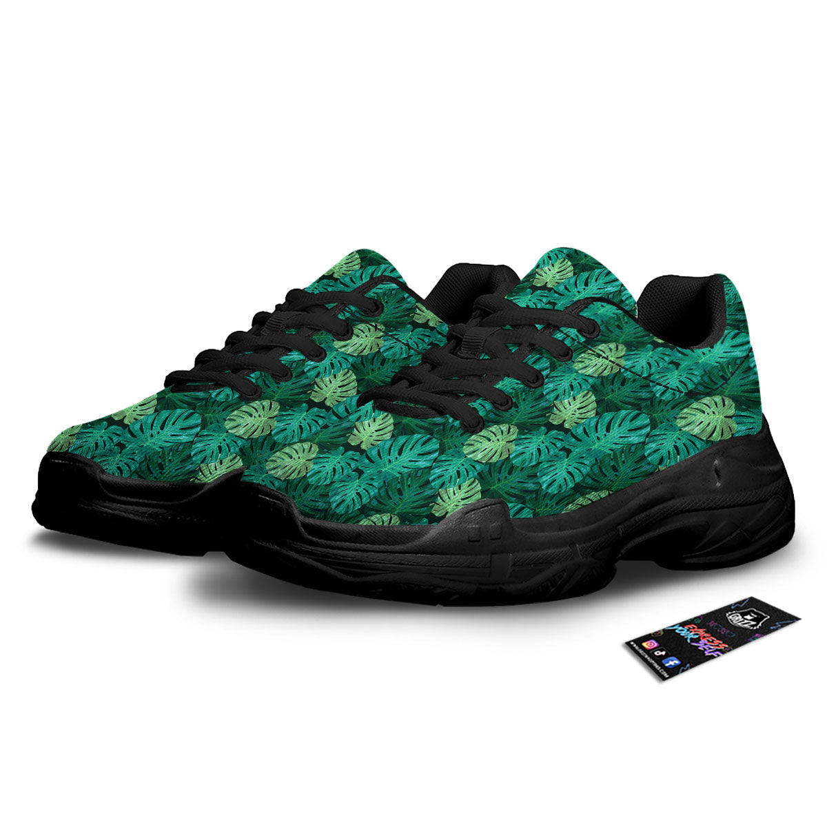 Monstera Leaf Green Print Black Chunky Shoes-grizzshop