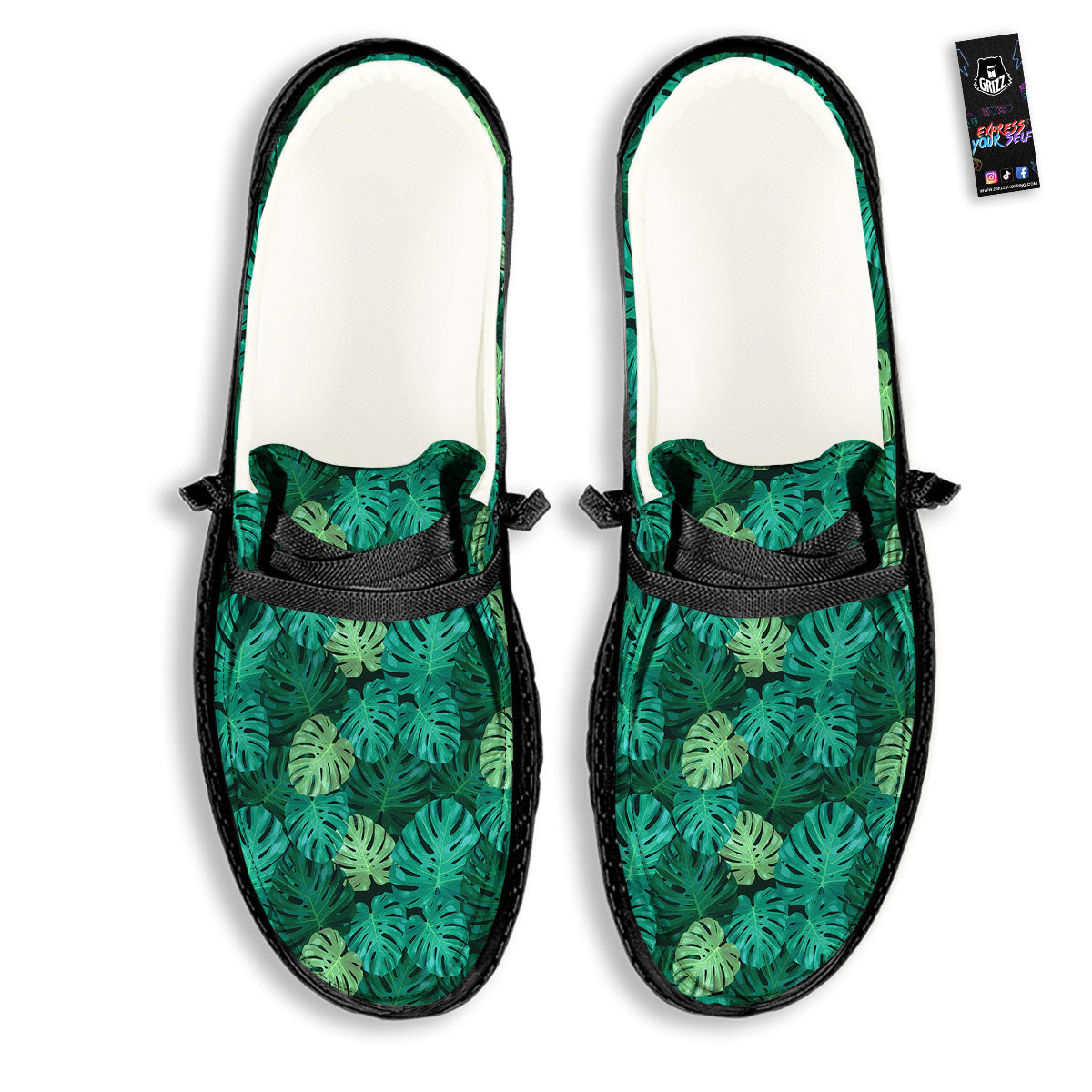 Monstera Leaf Green Print Black Loafers-grizzshop