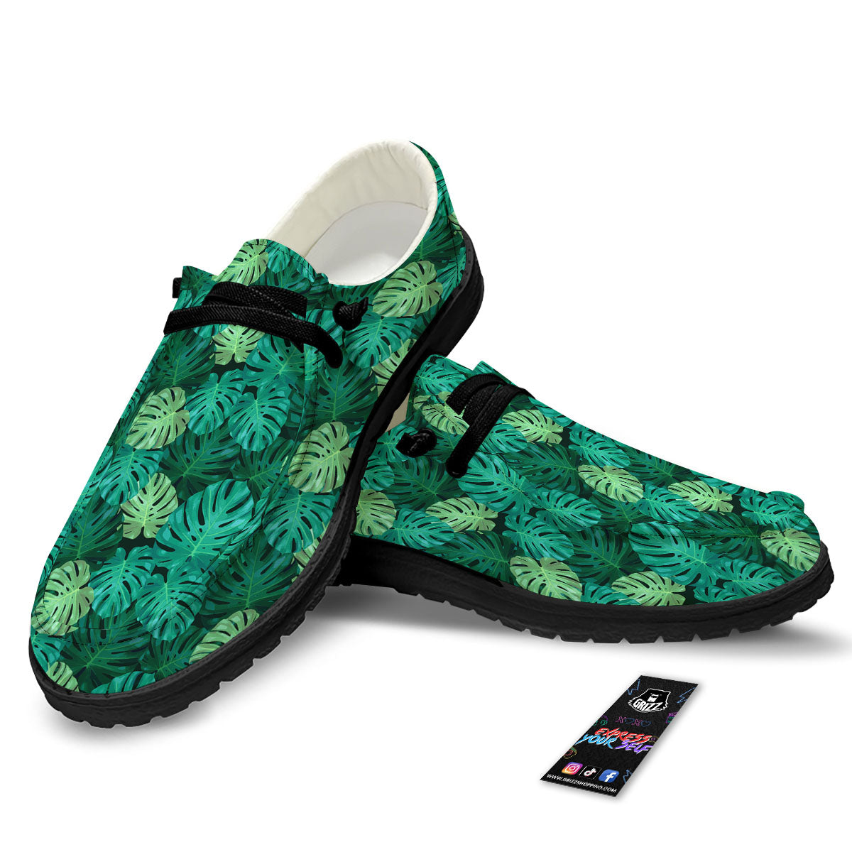 Monstera Leaf Green Print Black Loafers-grizzshop