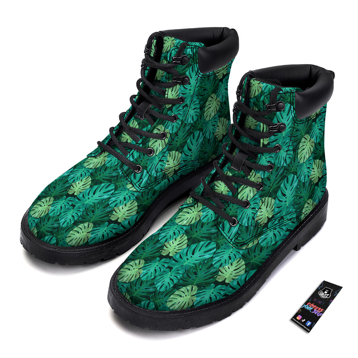 Monstera Leaf Green Print Boots-grizzshop