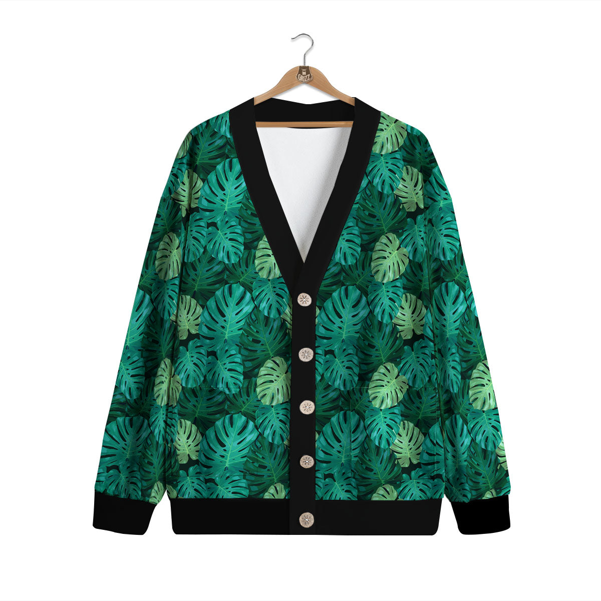 Monstera Leaf Green Print Cardigan-grizzshop