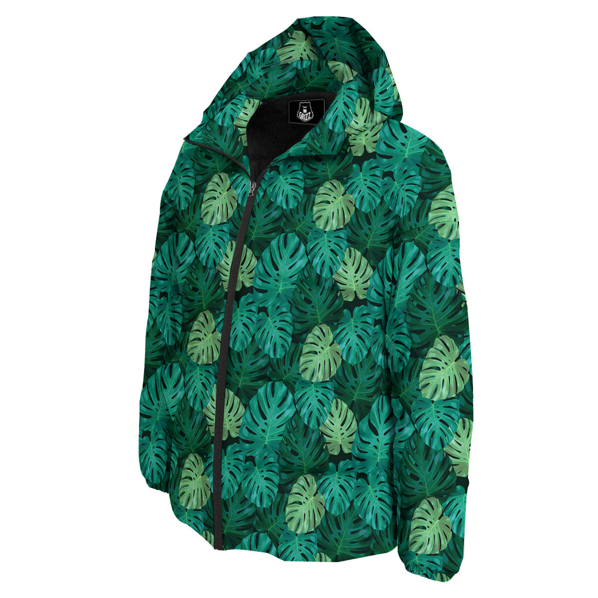 Monstera Leaf Green Print Down Jacket-grizzshop