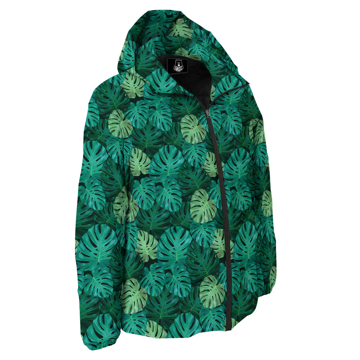 Monstera Leaf Green Print Down Jacket-grizzshop