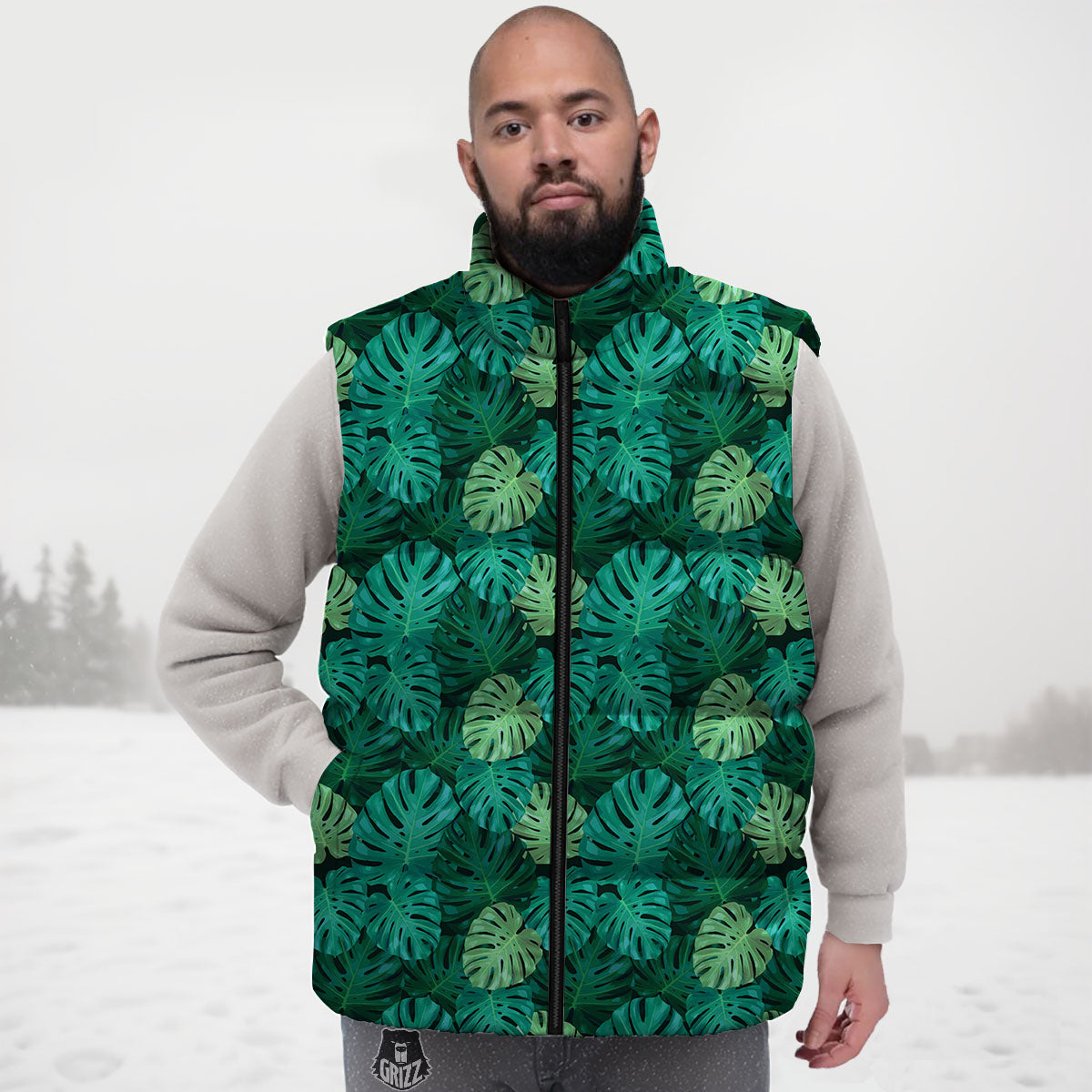 Monstera Leaf Green Print Down Vest