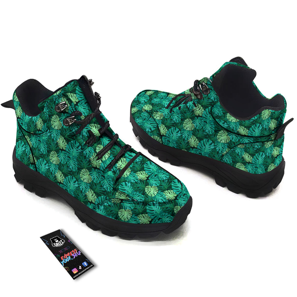 Monstera Leaf Green Print Hiking Shoes-grizzshop