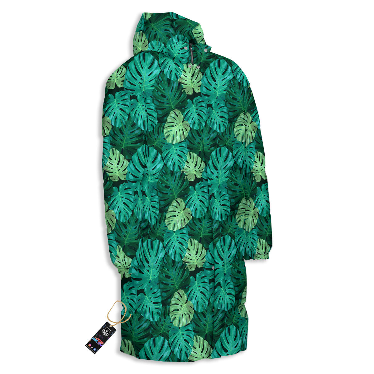 Monstera Leaf Green Print Long Down Jacket-grizzshop