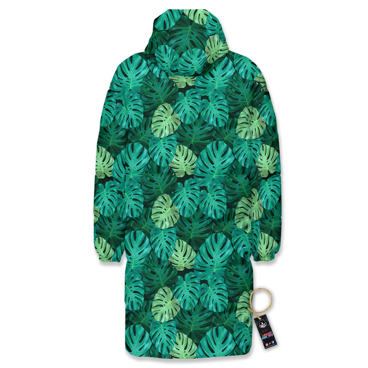 Monstera Leaf Green Print Long Down Jacket-grizzshop
