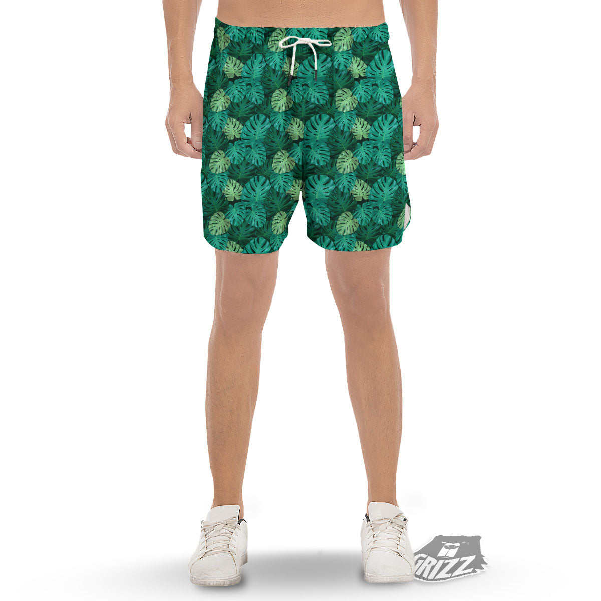 Monstera Leaf Green Print Men's Gym Shorts-grizzshop