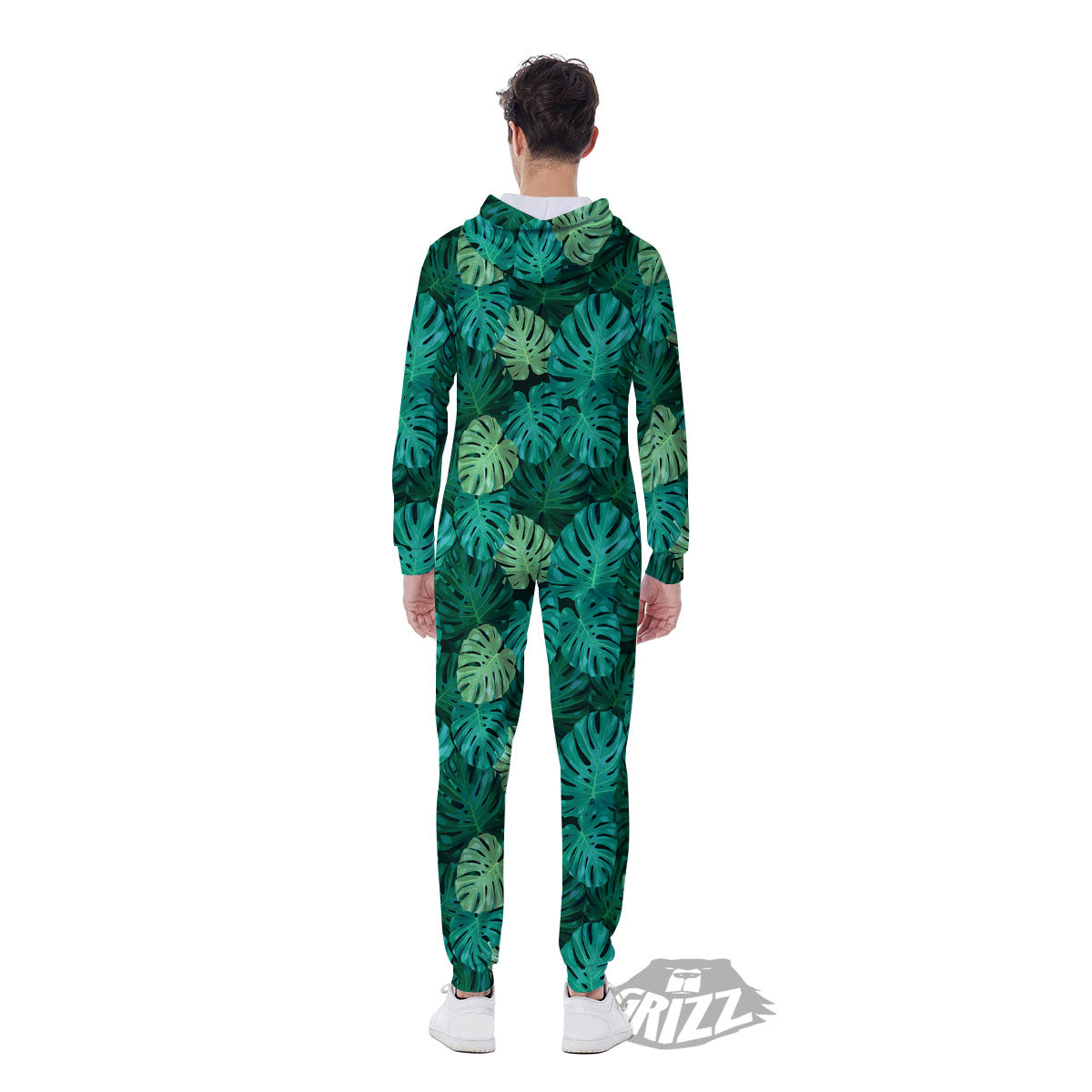 Monstera Leaf Green Print Men's Jumpsuit-grizzshop
