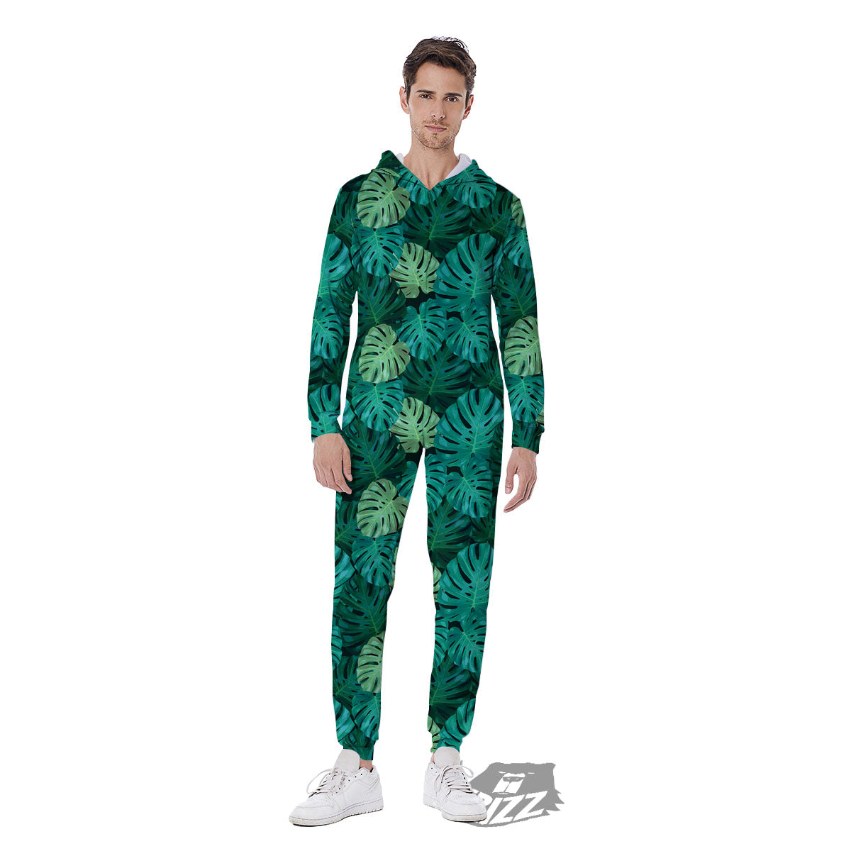 Monstera Leaf Green Print Men's Jumpsuit-grizzshop