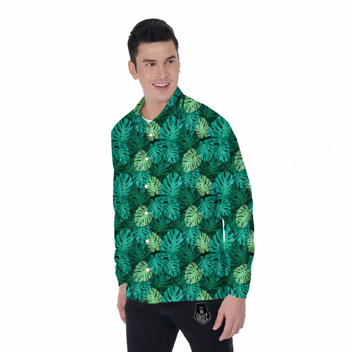 Monstera Leaf Green Print Men's Long Sleeve Shirts-grizzshop