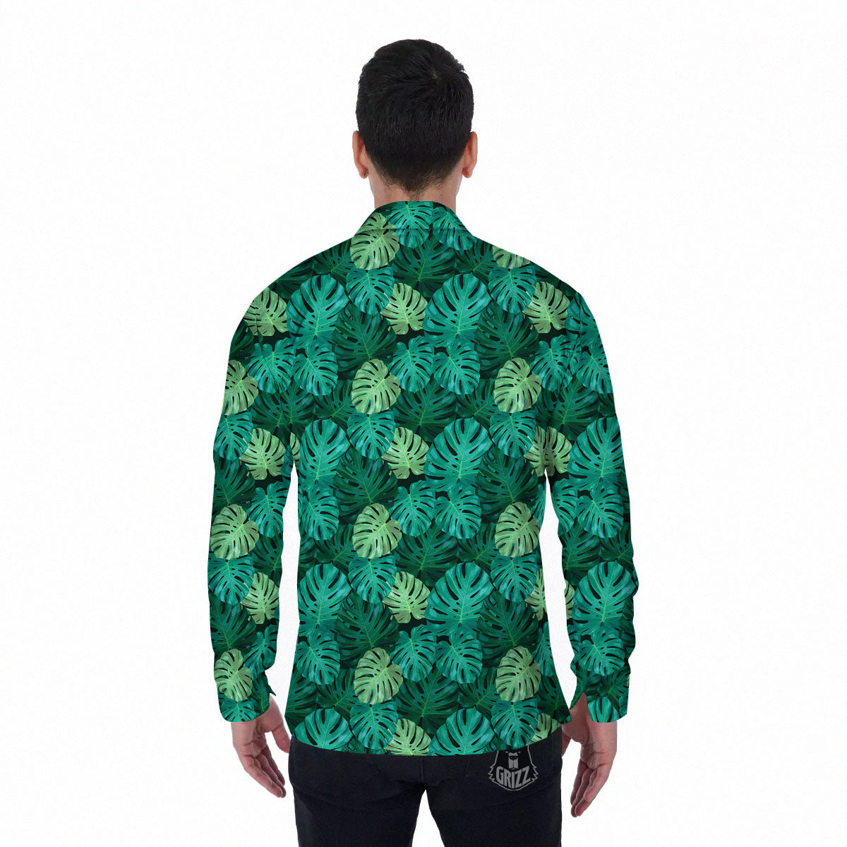 Monstera Leaf Green Print Men's Long Sleeve Shirts-grizzshop