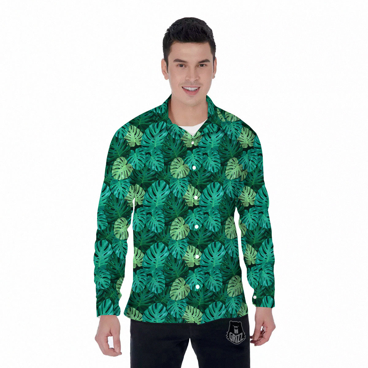 Monstera Leaf Green Print Men's Long Sleeve Shirts-grizzshop