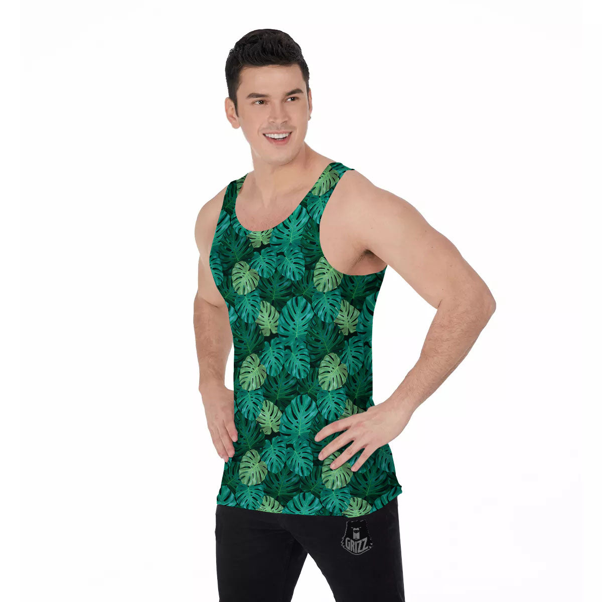 Monstera Leaf Green Print Men's Tank Top-grizzshop