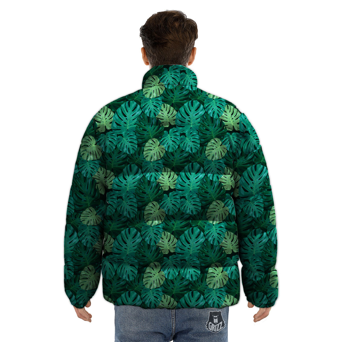 Monstera Leaf Green Print Puffer Jacket-grizzshop