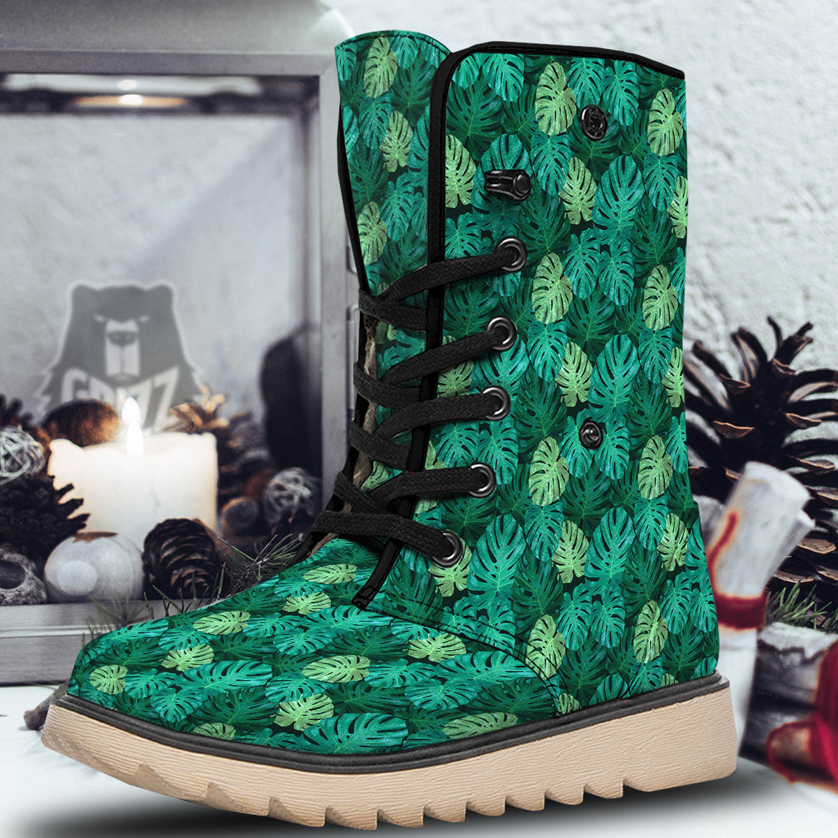 Monstera Leaf Green Print Snow Boots-grizzshop