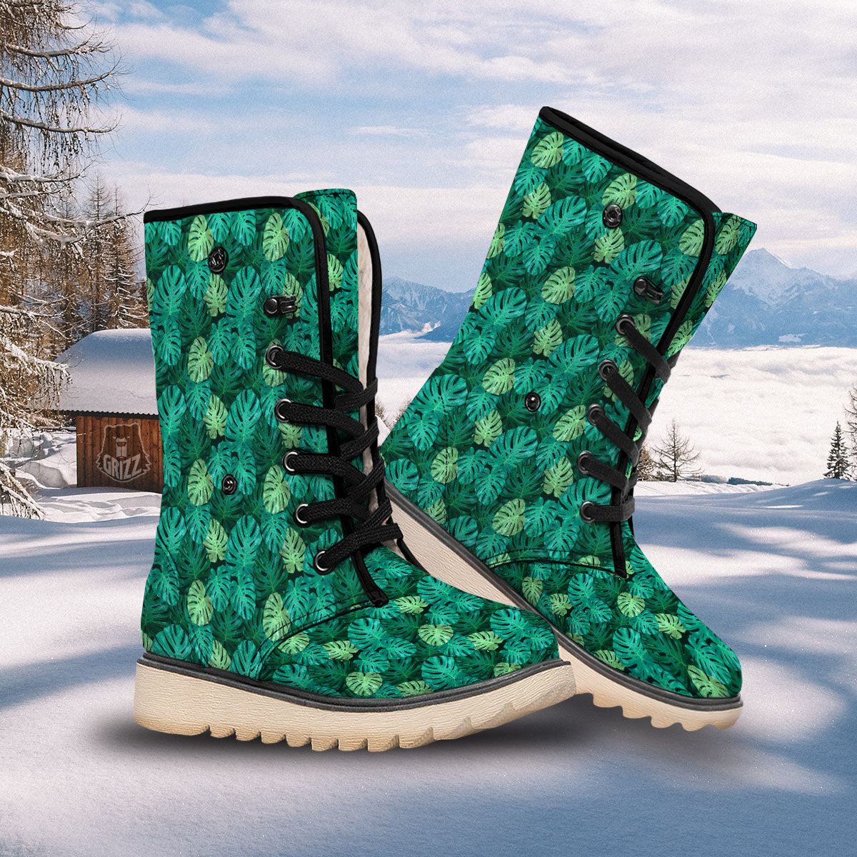 Monstera Leaf Green Print Snow Boots-grizzshop