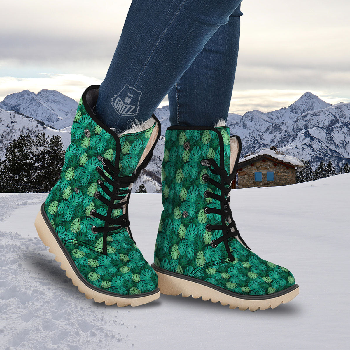 Monstera Leaf Green Print Snow Boots-grizzshop