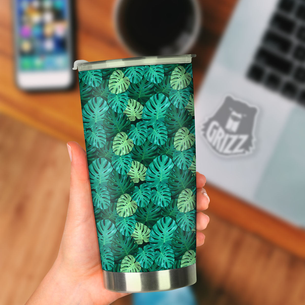Monstera Leaf Green Print Tumbler-grizzshop