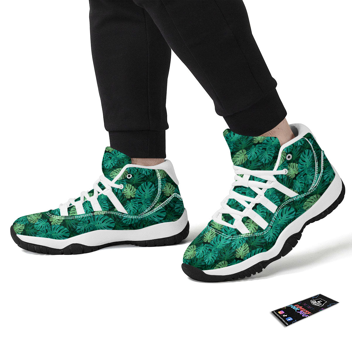 Monstera Leaf Green Print White Bball Shoes-grizzshop