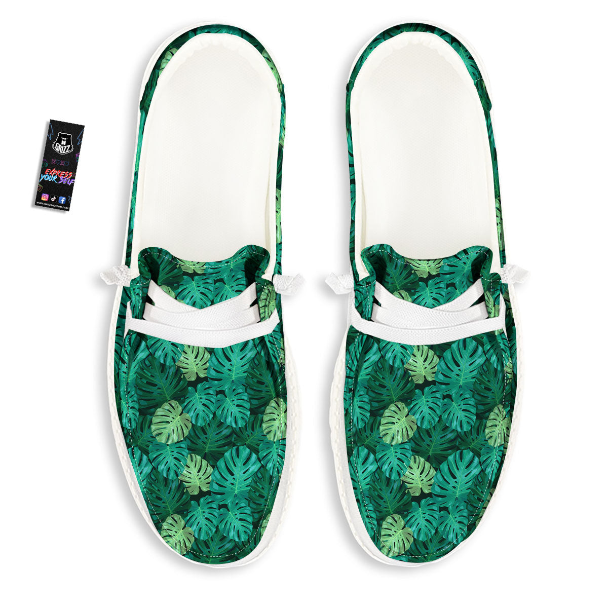 Monstera Leaf Green Print White Loafers-grizzshop