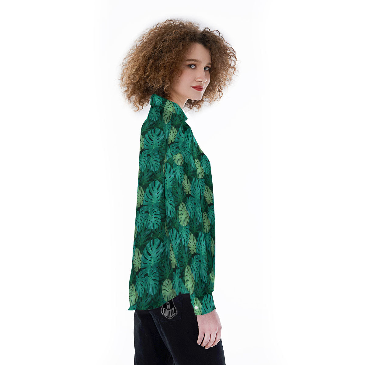 Monstera Leaf Green Print Women's Long Sleeve Shirts-grizzshop