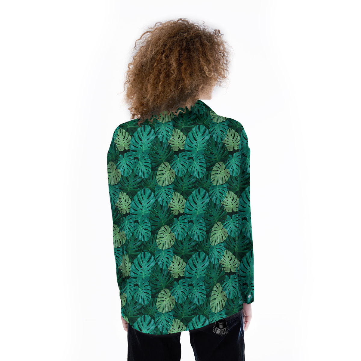 Monstera Leaf Green Print Women's Long Sleeve Shirts-grizzshop