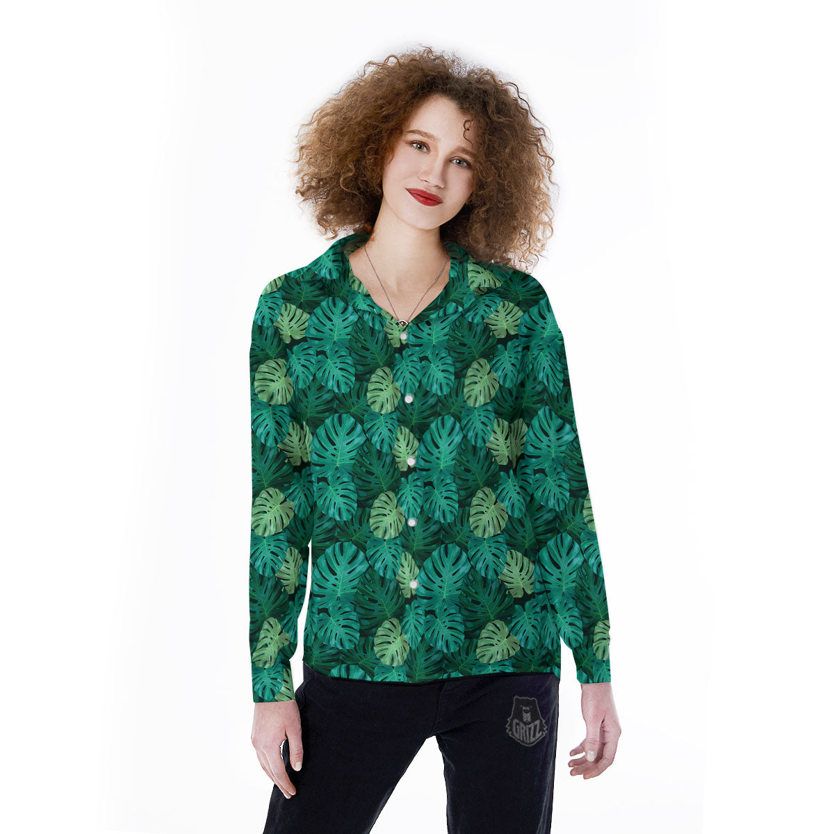 Monstera Leaf Green Print Women's Long Sleeve Shirts-grizzshop