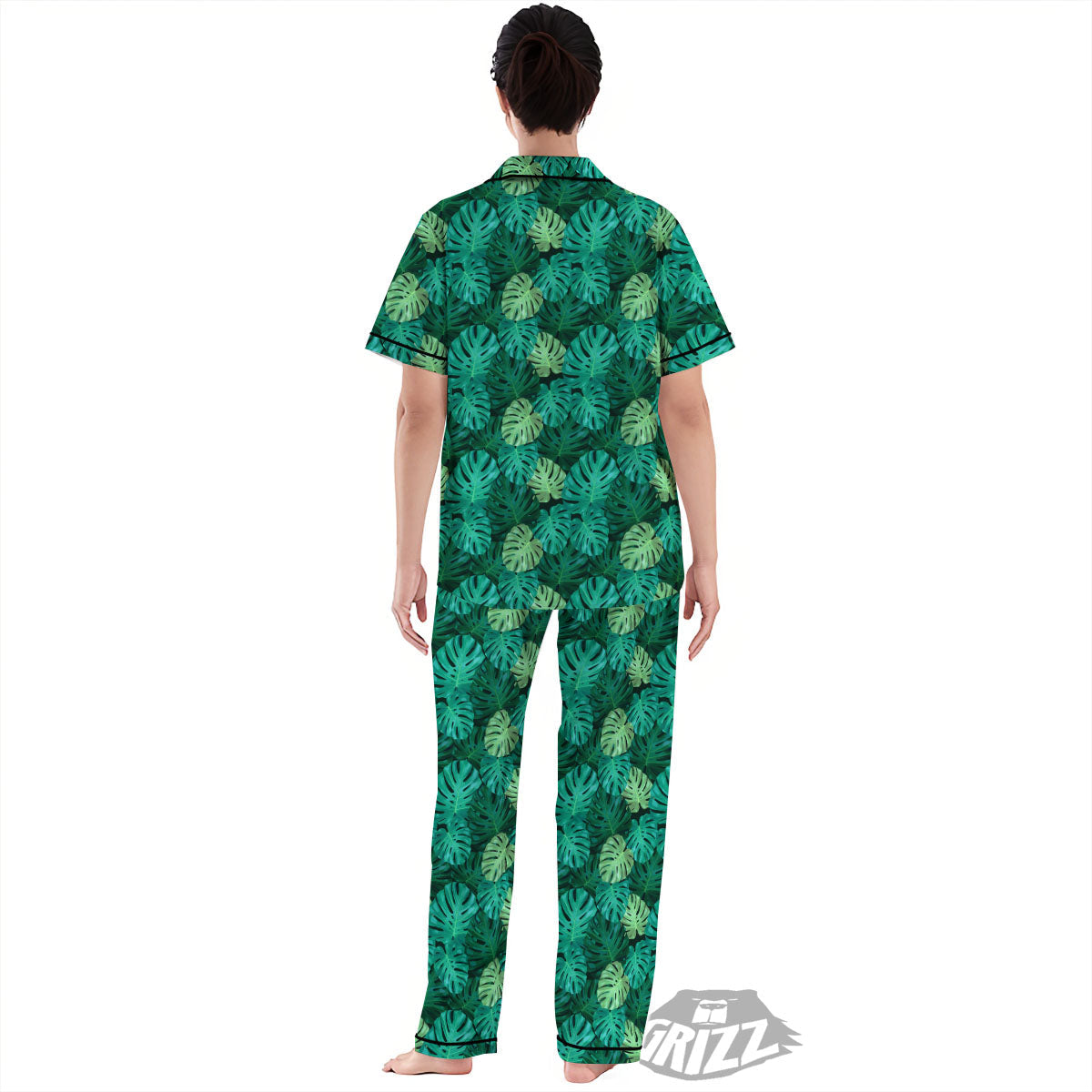 Monstera Leaf Green Print Women's Pajamas Set-grizzshop