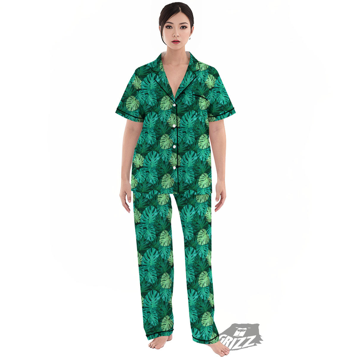 Monstera Leaf Green Print Women's Pajamas Set-grizzshop
