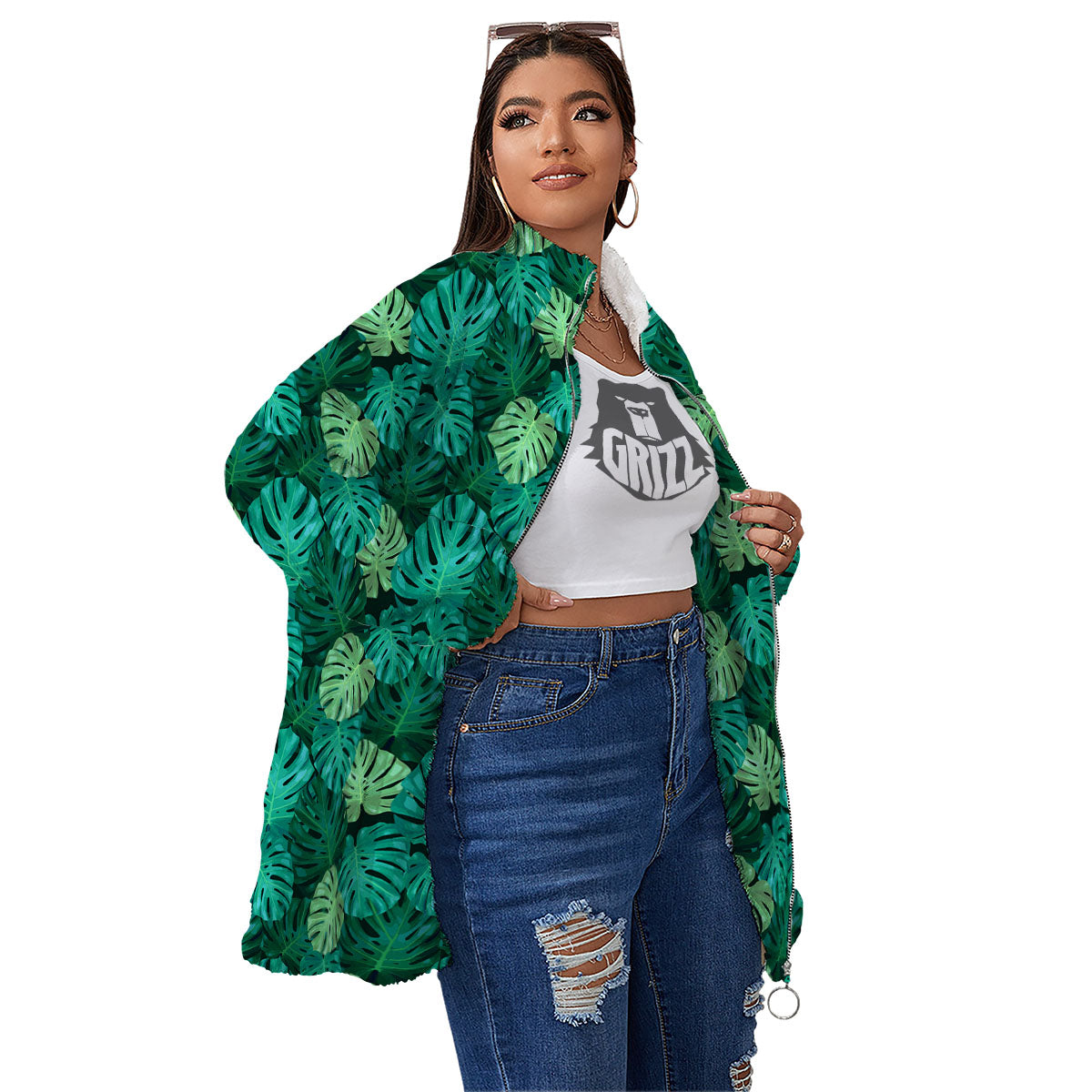 Monstera Leaf Green Print Women's Sherpa Jacket-grizzshop