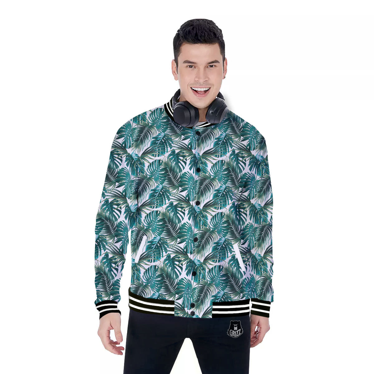Monstera Leaves Palm Print Pattern Baseball Jacket-grizzshop