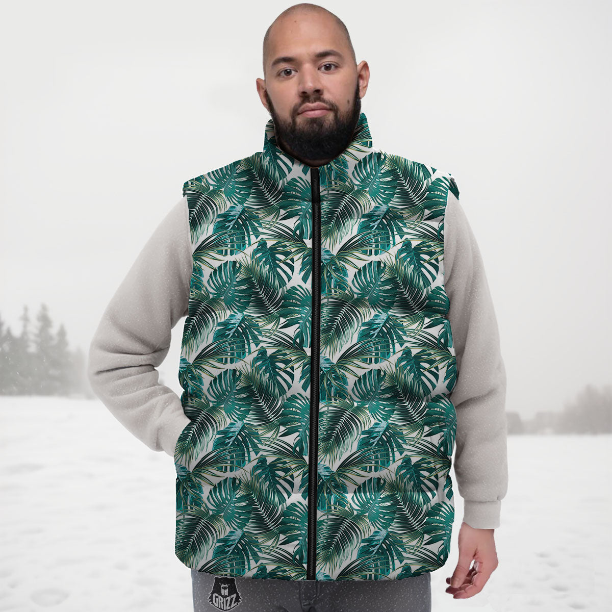 Monstera Leaves Palm Print Pattern Down Vest
