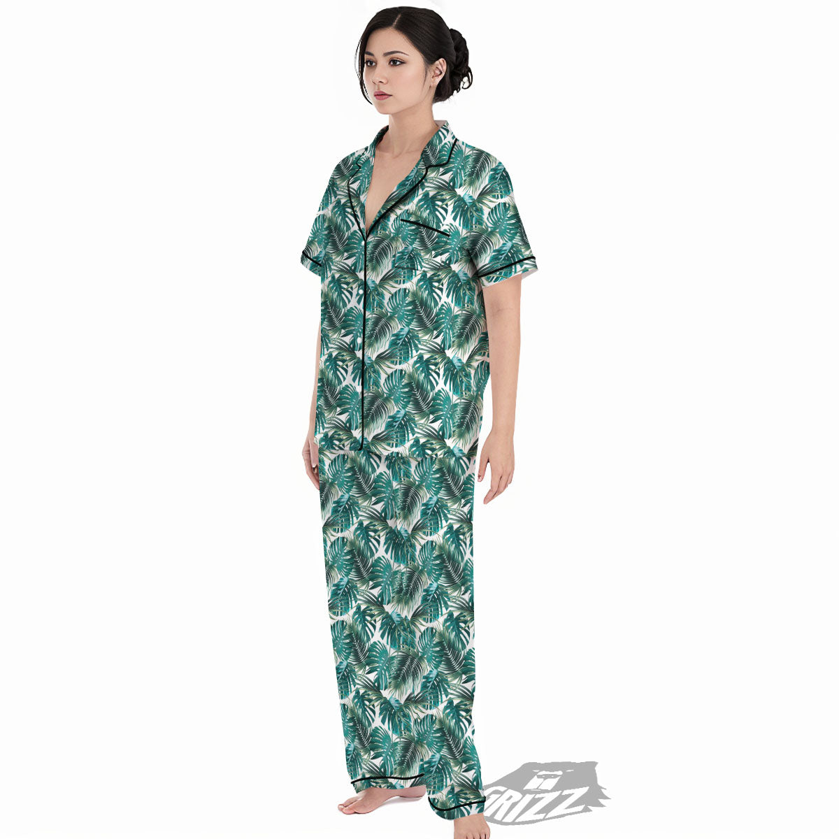 Monstera Leaves Palm Print Pattern Women's Pajamas Set-grizzshop