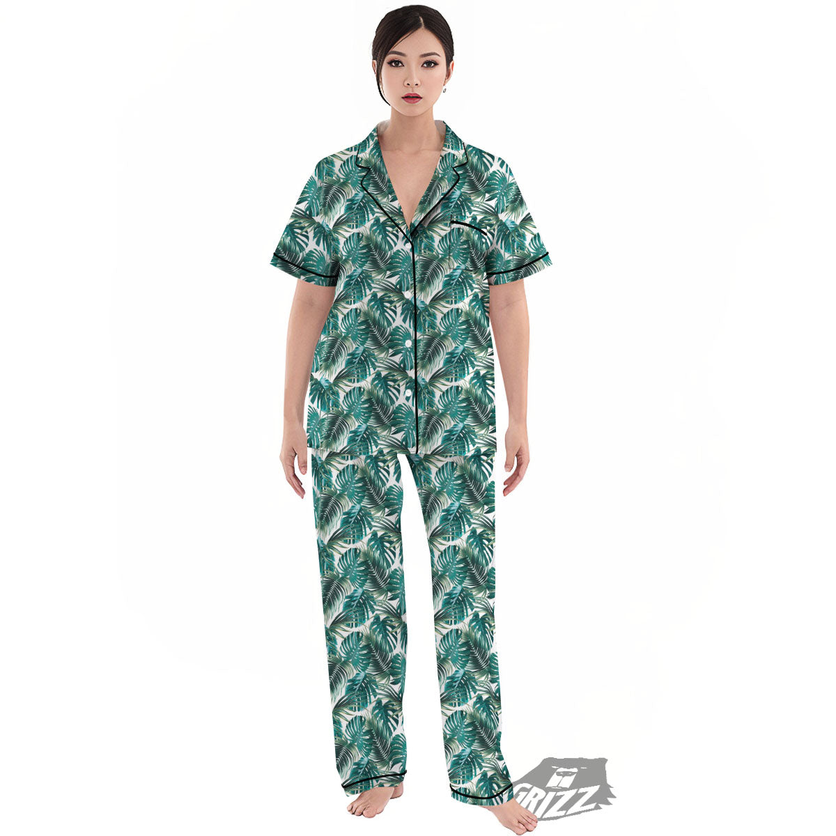 Monstera Leaves Palm Print Pattern Women's Pajamas Set-grizzshop