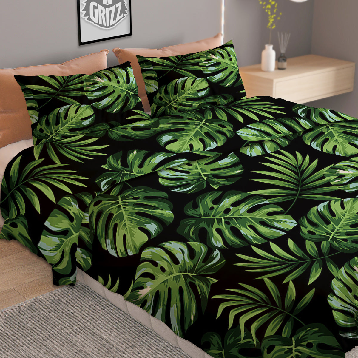Monstera Leaves Tropical Print Pattern Duvet Cover Bedding Set-grizzshop