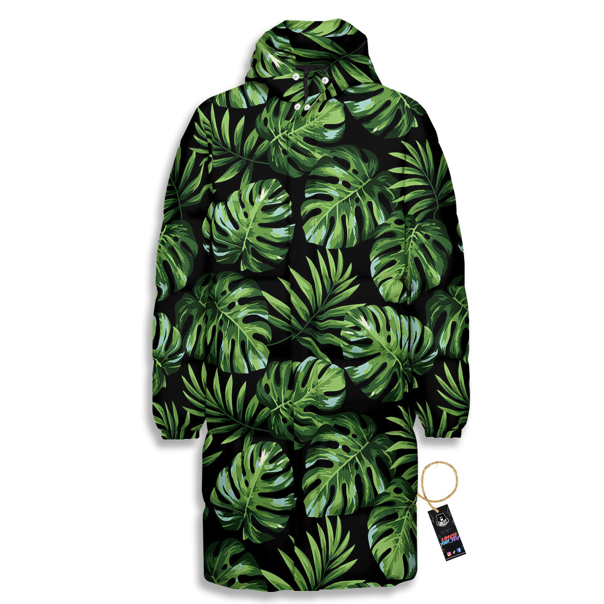 Monstera Leaves Tropical Print Pattern Long Down Jacket-grizzshop