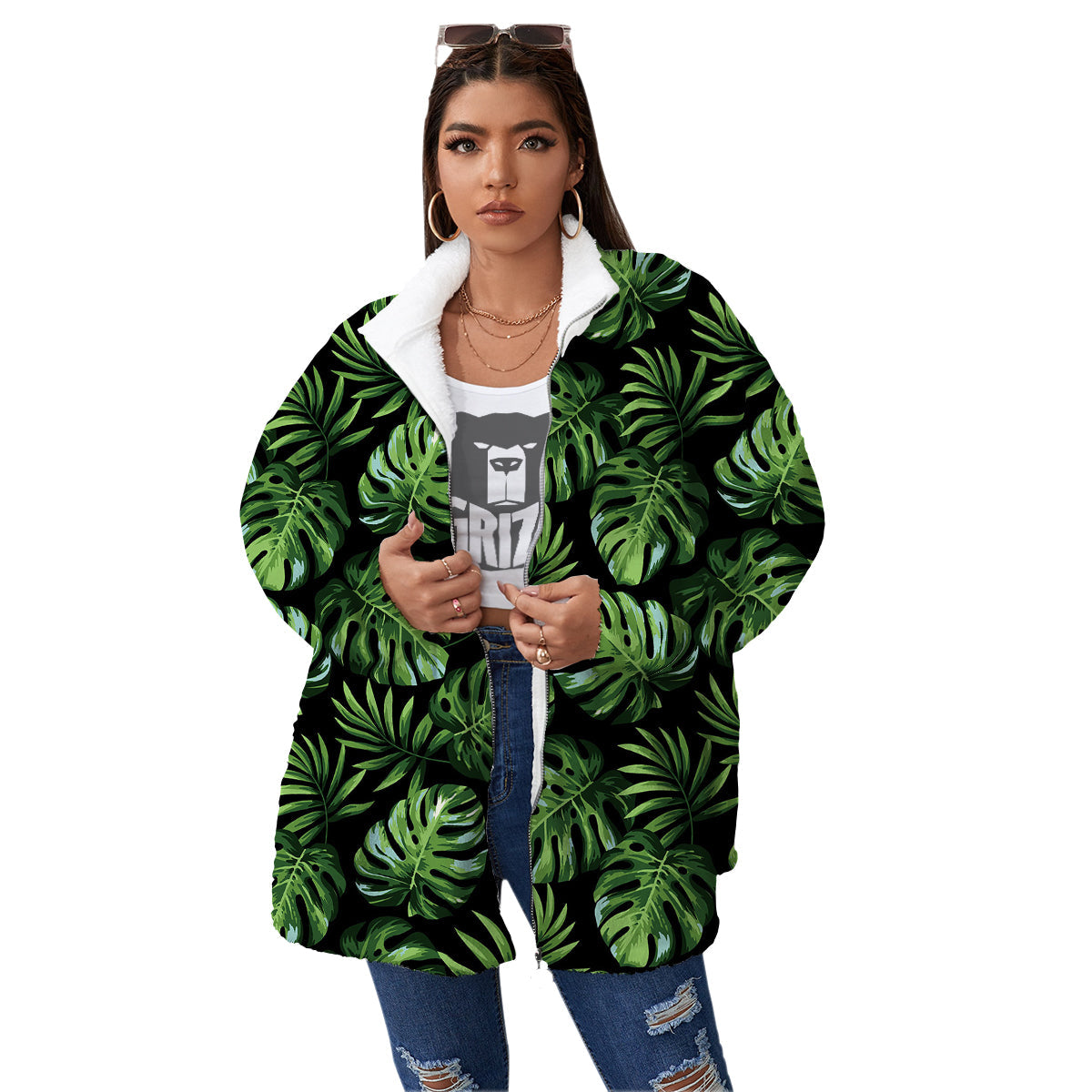 Monstera Leaves Tropical Print Pattern Women's Sherpa Jacket-grizzshop