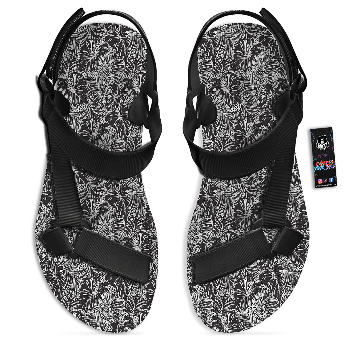 Monstera White And Black Print Pattern Black Open Toe Sandals-grizzshop